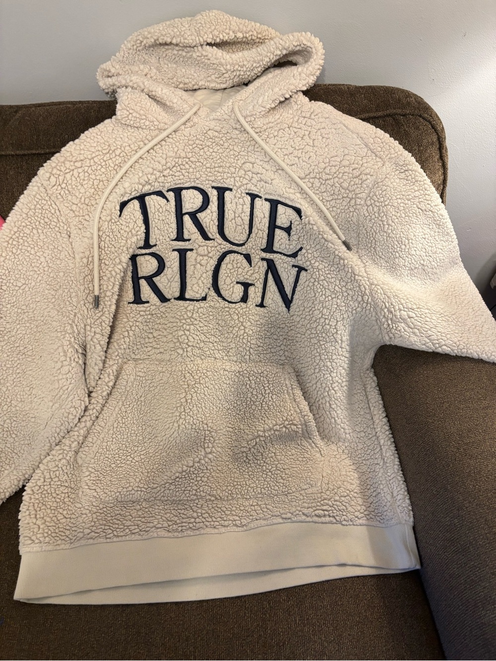 True Religion Cream Sherpa Hoodie with Navy True RLGN Logo